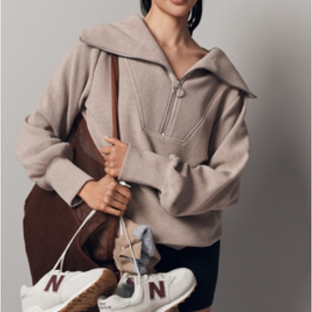 Varley Vine Taupe Zip-Front Wide-Collar Sweatshirt